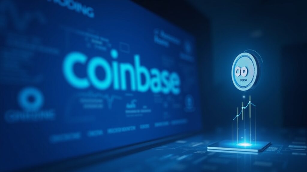 Escena de noticias realista: pantalla con Coinbase, holograma del token Base ascendente y logo de JPMorgan al fondo, tono azul.