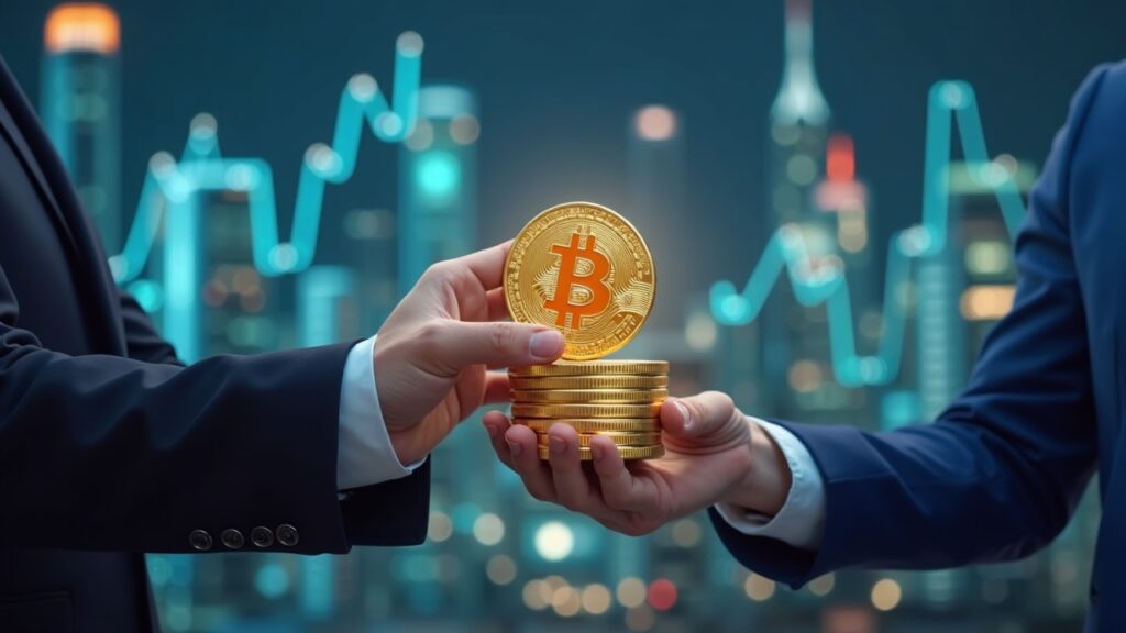 Realistic newsroom scene: crypto lender accepting bitcoin as collateral, focused analyst, rising charts, futuristic city backdrop.