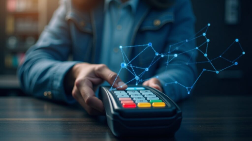 Terminal de pagos de Coinbase procesando stablecoins para comerciantes, con red blockchain difusa al fondo.