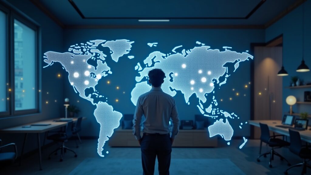 Inversor coreano en una sala de noticias moderna, mapa Seúl-EEUU, iconos tech y cripto, trazos de luz de flujos de capital.