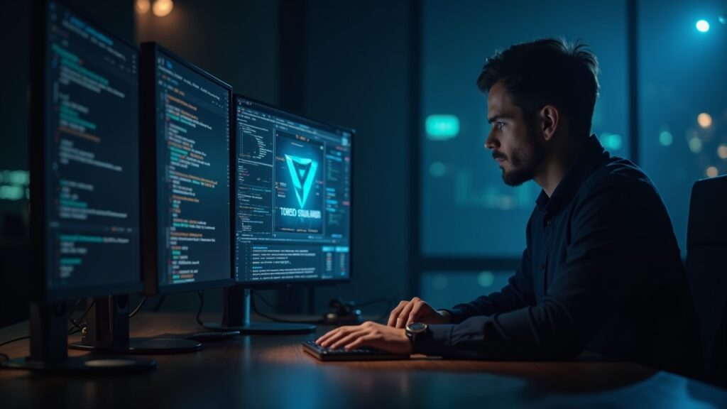 Trader de cripto ante monitor con código de blockchain, motivos de dark web y un martillo judicial.