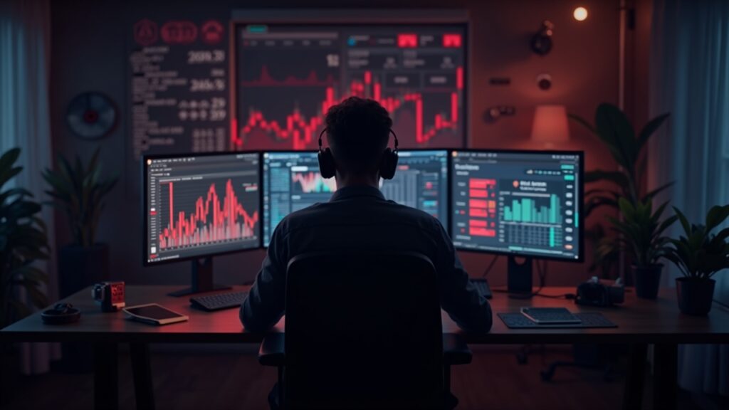 Operador cripto fotorealista en sala de noticias oscura, pantallas con gráficos rojos y nodos que simbolizan soberanía financiera.