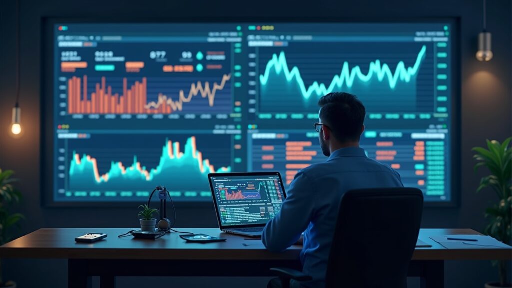 Trader cripto en sala de noticias, gráficos holográficos comparan caídas de octubre y 2021, datos on-chain y open interest.