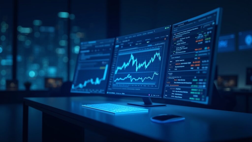 Gate lanza CrossEx: plataforma cross-exchange para infraestructura institucional de trading Escena realista de una mesa de trading institucional con panel CrossEx central conectando intercambios de cripto y flujos de liquidez en azul.