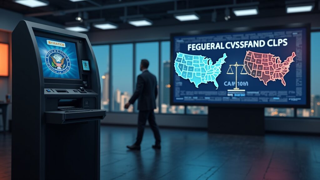 Escena en redacción con cajero cripto, balanzas de la justicia y cartel digital de reguladores federales y estatales.