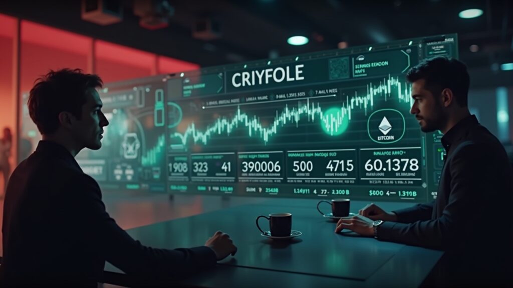 Newsroom portrait with holographic crypto dashboard showing a $500B crash and Q4 rebound, Bitcoin and Ethereum icons.