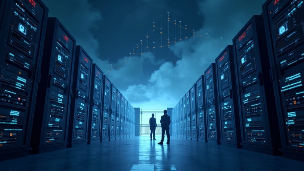 Centro de datos con rigs de minería transformados en IA, frente a un gráfico de deuda y una puerta al fondo.