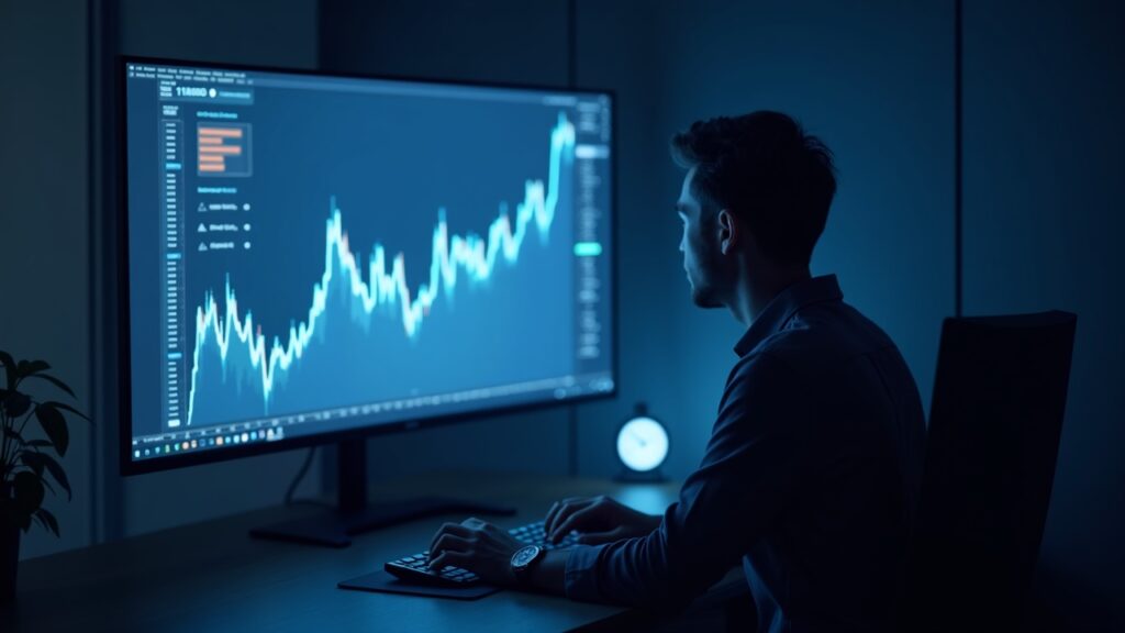 Trader de criptomonedas frente a un monitor con gráfico congelado y un icono de tiempo de espera, señal de interrupción de datos.