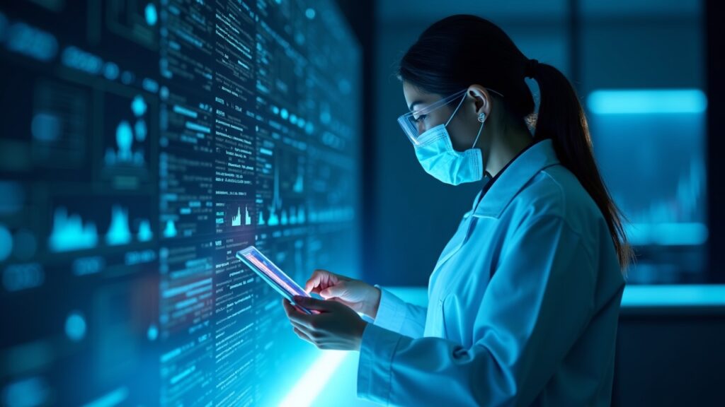 Sui Stack revela infraestructura de datos para IA verificable centrada en la confianza Científico analizando datos verificables sobre una pila blockchain transparente, con iconos de IA y sellos de verificación.