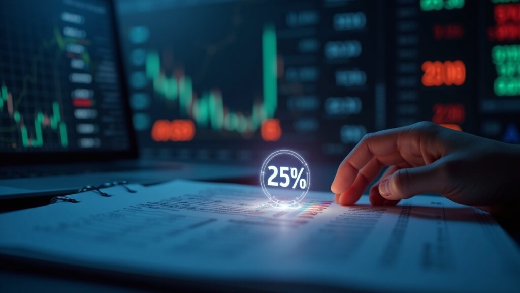 Mesa de finanzas con holograma luminoso de SOL y libro mayor; ticker -25% indica concentración de tesorería.