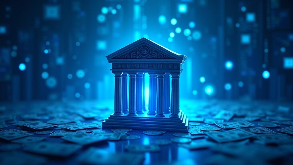 Escena periodística realista: banco fusiona con red blockchain en tonos azules, simbolizando dinero on-chain.