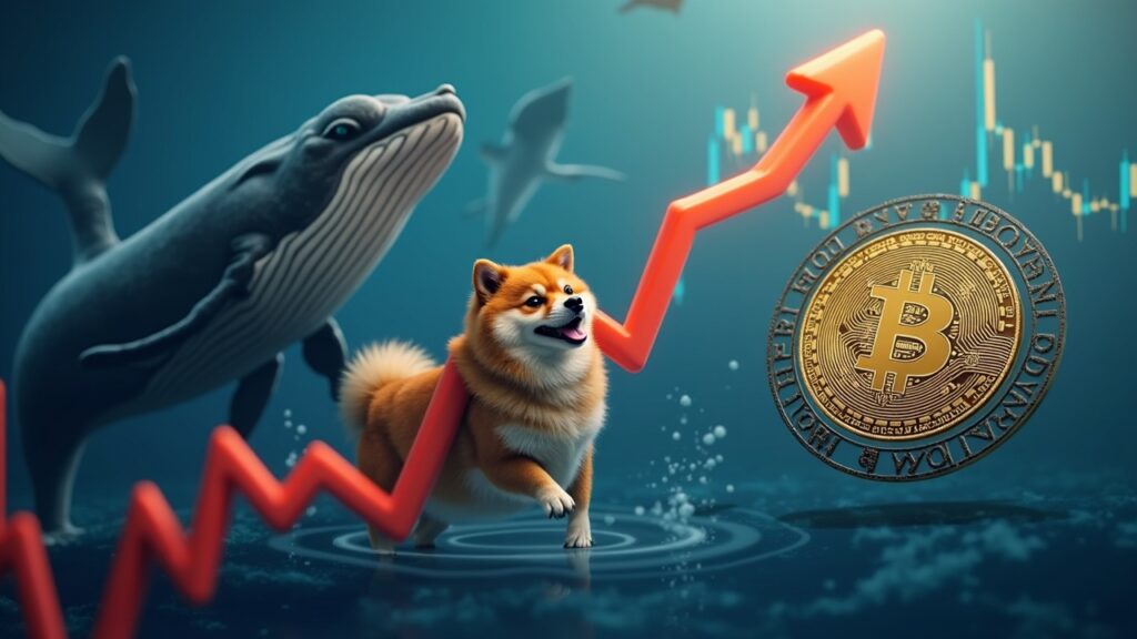 Fotoreportaje cripto: Dogecoin sube 6% mientras Bitcoin se fortalece; gráfico ascendente, ballenas y sello ETF.