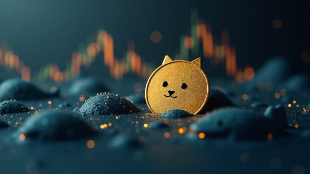 Logo de Dogecoin sobre un gráfico descendente, siluetas de ballenas acercándose a Binance y destellos de descentralización