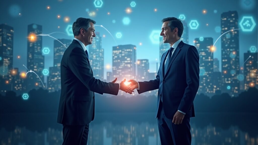 Fundador cripto entregando una gran donación a campaña de alcalde, skyline urbano con hologramas de blockchain.