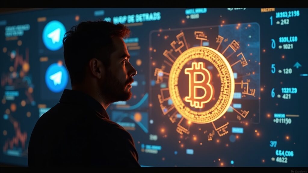 Tech founder silhouette beside a glowing Bitcoin symbol, with supply-cap notes and a faded Telegram logo.