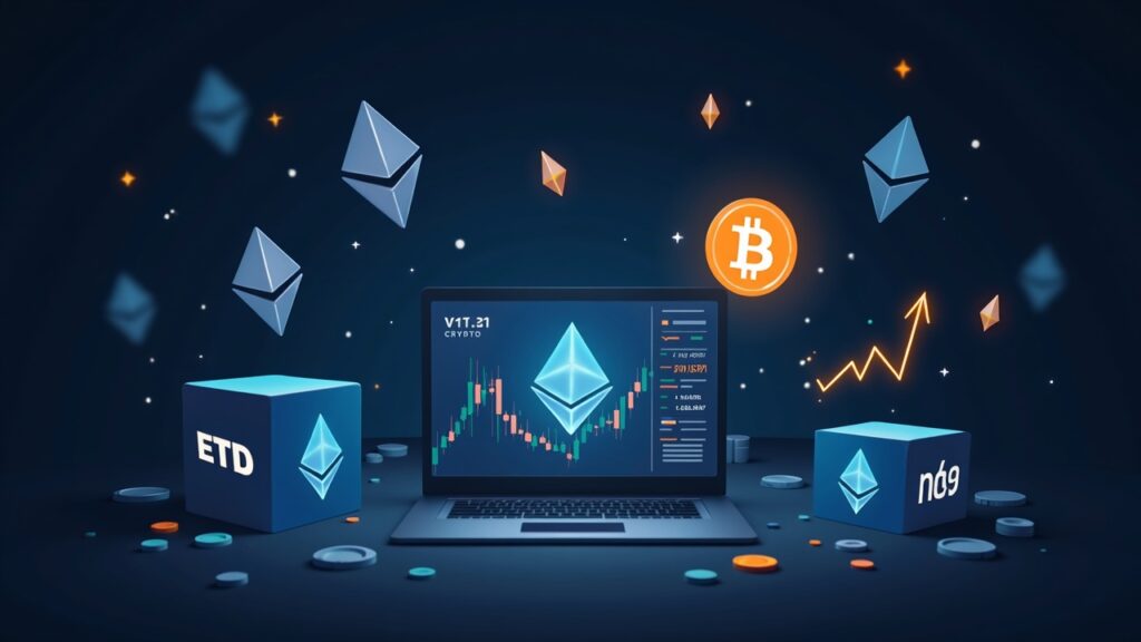 Encabezado fotorrealista: Ethereum y Bitcoin drenados por cajas ETF, flechas de flujo negativo y tablero de mercado.
