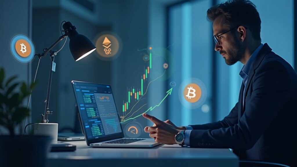 Analista observa gráfico de entradas de ETF de BTC y ETH, con logotipos cripto y símbolos regulatorios.