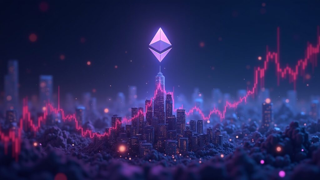 Emblema de Ethereum sobre una ciudad de neón, con gráfico de precios ascendente hacia 5.000 y nodos blockchain al fondo.