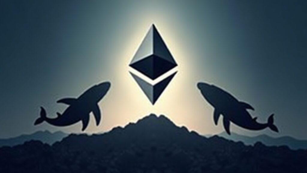 Ballenas de Ethereum divididas: Inversor ICO vende $6M mientras Bitmine compra $113M Encabezado fotorrealista: torre de Ethereum en el centro, ballenas vendiendo y Bitmine comprando, iluminación dividida.