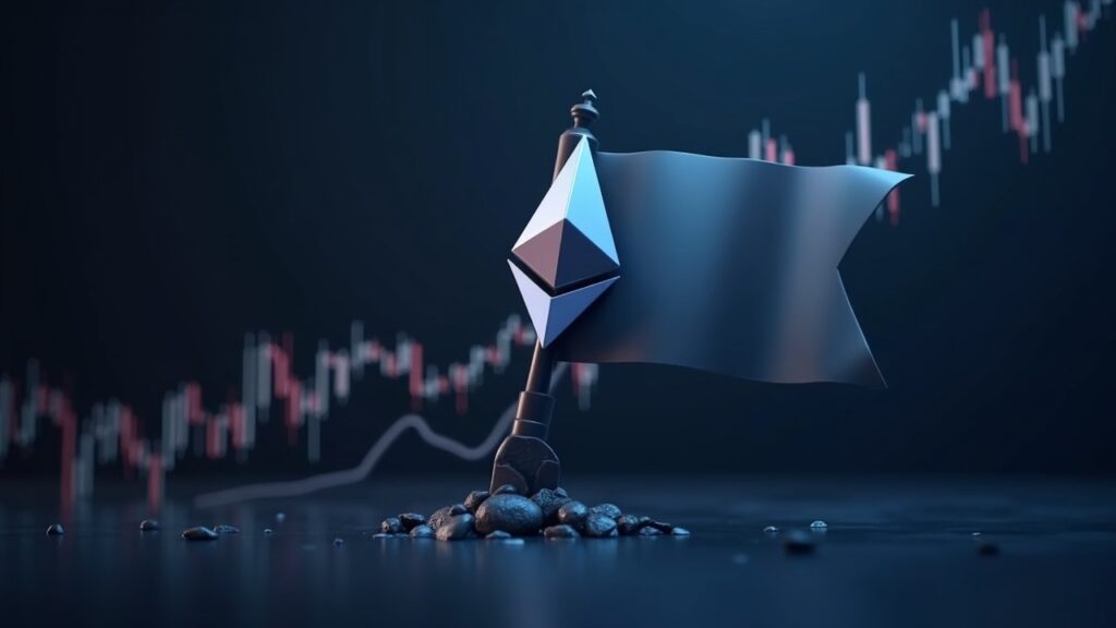 Encabezado fotorrealista: Ethereum sube en una bandera alcista sobre gráfico semanal, flechas de flujos ETF.