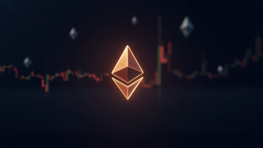 Logotipo de Ethereum iluminado en el centro, con un gráfico de precios alrededor de 4000 y símbolos regulatorios de fondo