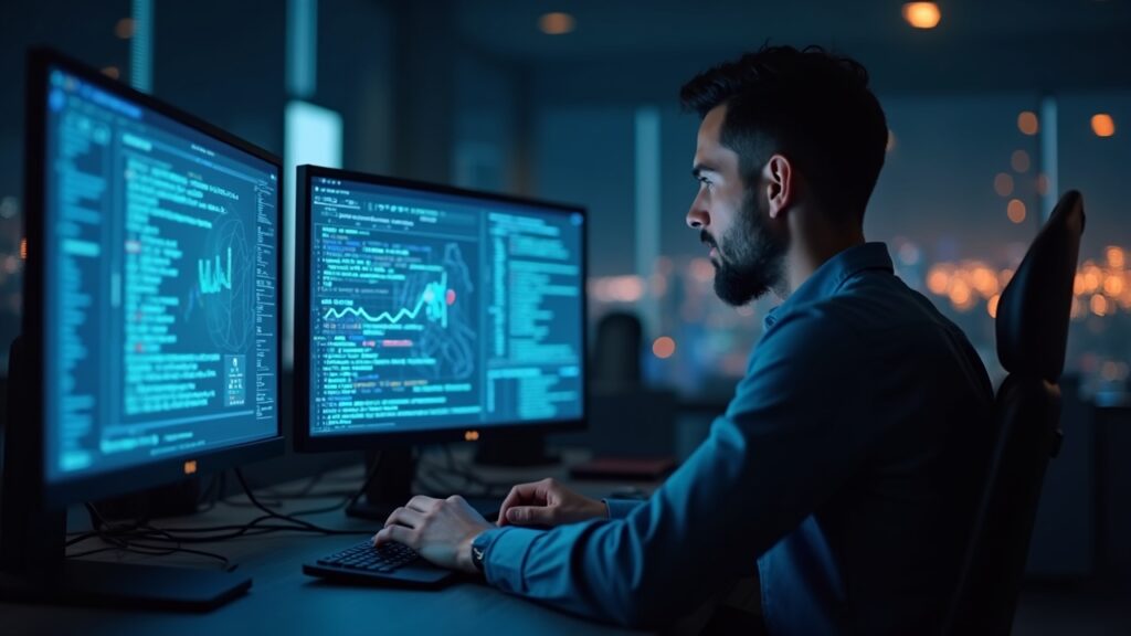 Programador en mesa central con dos pantallas holográficas: Ethereum azul y Solana naranja, iluminación de redacción
