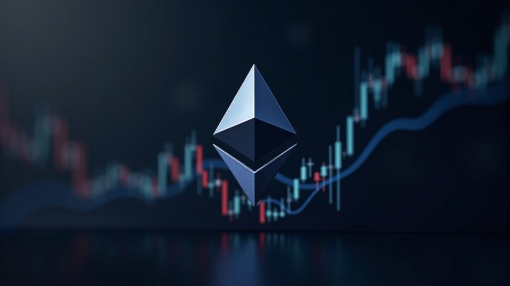 Logo de Ethereum sobre un gráfico alcista con triple fondo y objetivo cercano a 4k, con indicios de flujos institucionales