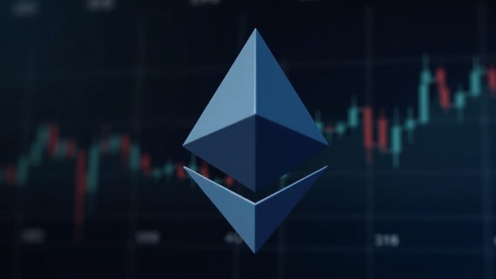 Logo de Ethereum en el centro sobre un gráfico de precios fluctuante, con visuales de inflación en el fondo.