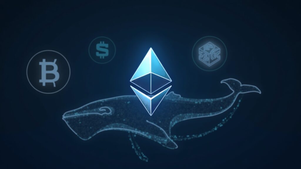 Encabezado fotorrealista con Ethereum al centro, BTC y Solana al fondo, y silueta de ballena mostrando ETH vs BTC/SOL