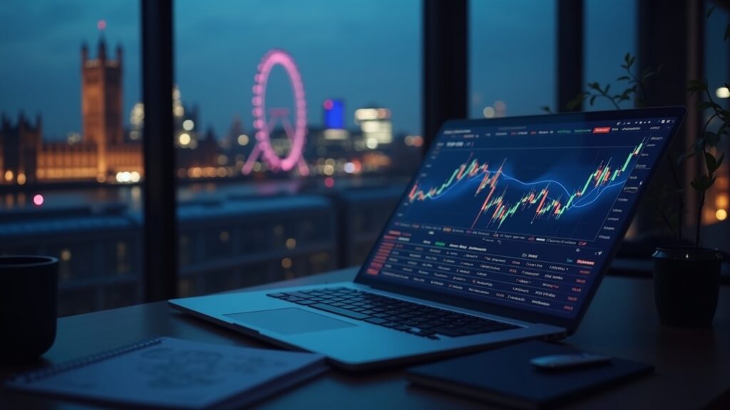 Escena de escritorio fintech con Bitcoin y Ethereum ETPs en pantalla, skyline de Londres y branding de la FCA.