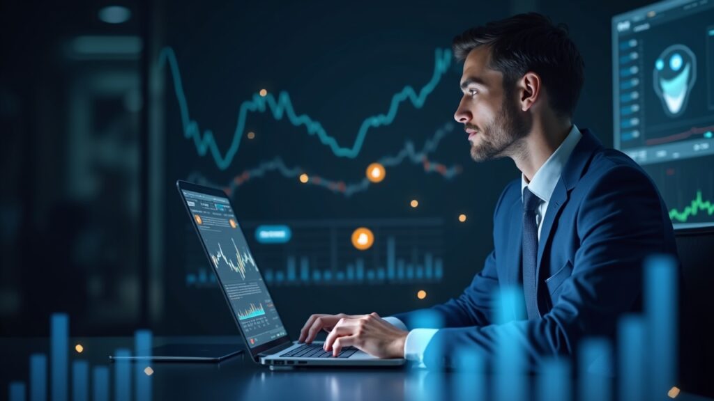 Analista en escritorio moderno observa gráficos de ETP cripto con BTC y ETH simbolizando diversificación institucional.