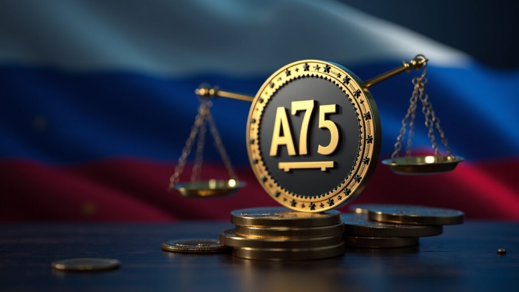 Header fotorealista con la stablecoin A7A5, rublo color, bandera de la UE, balanzas regulatorias y líneas de blockchain.