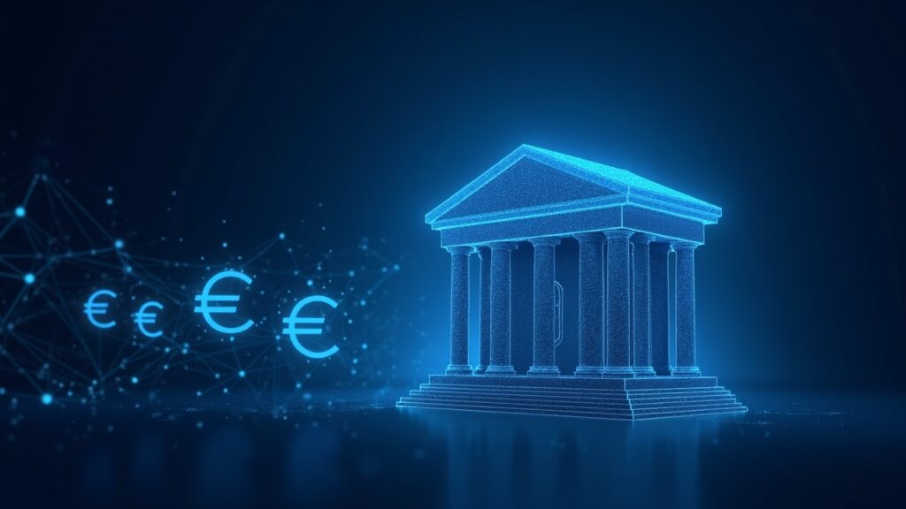El BCE fija 2029 como meta para el euro digital y anticipa ajustes en pagos, regulación y coberturas Fachada de banco central con símbolos euro holográficos integrándose a una red global de pagos.