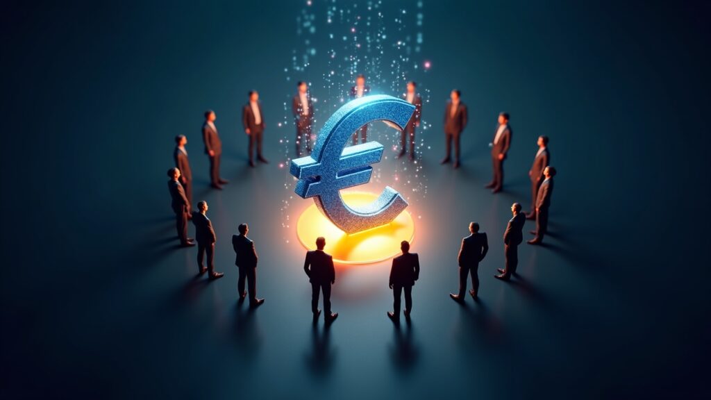 Citigroup se une a nueve bancos europeos para lanzar un stablecoin en euros bajo MiCA Escena fotorealista de banqueros diversos junto a un símbolo euro luminoso, con hologramas de blockchain y MiCA
