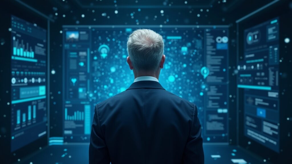 Gobernador de la Fed en traje, rodeado de un ledger holográfico y una red blockchain que ilustran una cuenta maestra reducida.