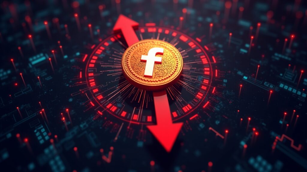 Logotipo de Filecoin que se rompe bajo flechas rojas descendentes, rodeado de nodos de datos y fondo de trading digital.
