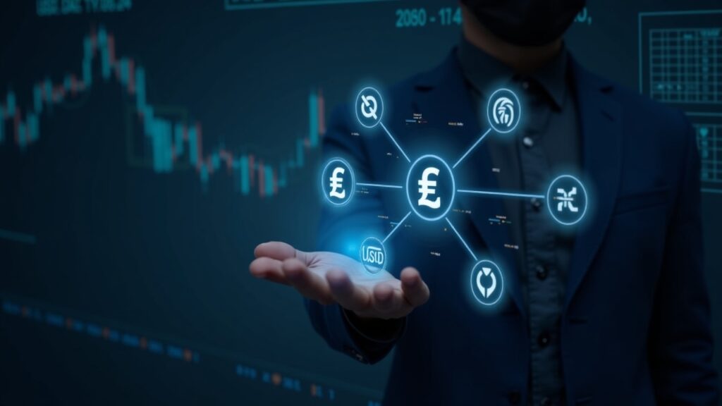 Trader hiperrealista con pantalla holográfica mostrando USDT, USDC y USDe sobre una red descentralizada y fondo de intercambio.