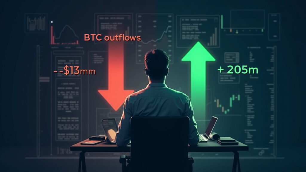 Analista de mercado ante un tablero cripto: salidas de BTC (flecha roja) y entradas de ETH (flecha verde) mostrando -$513m y +$205m, oct-2025.