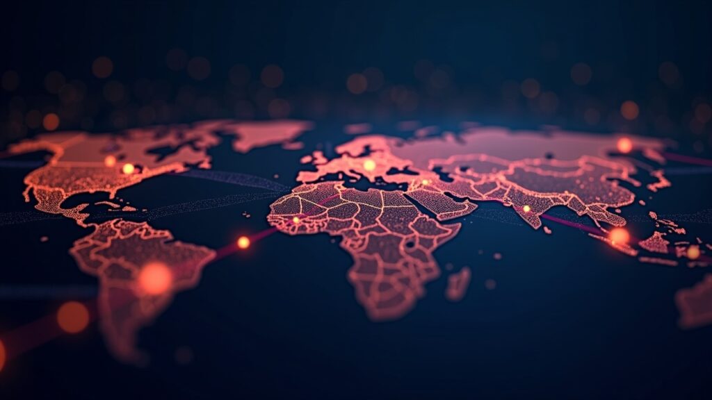 Flutterwave, el gigante de pagos de $31 mil millones, usará Polygon para pagos transfronterizos Logos de Flutterwave y Polygon conectados por rails transfronterizos brillantes sobre un mapa de África, fintech