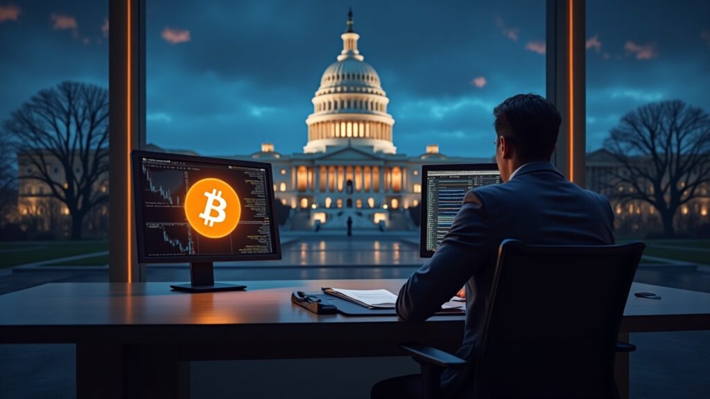 Analista en mesa de noticias, monitores muestran logo de Bitcoin y un edificio gubernamental cerrado al fondo.