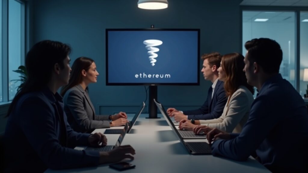 Equipo diverso en una oficina moderna, con logo de Ethereum en una pantalla y el símbolo Tornado Cash al fondo.