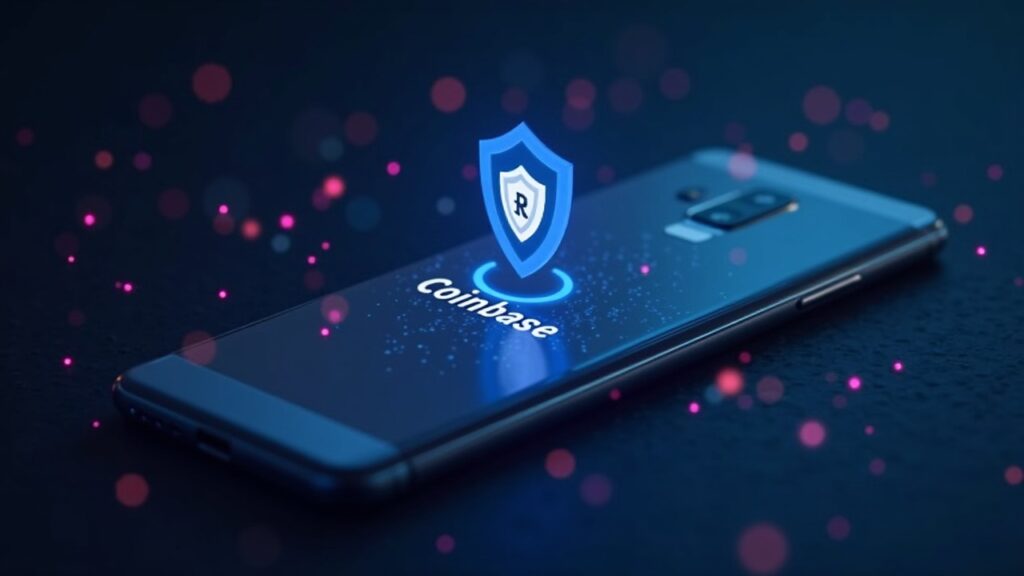 Teléfono Galaxy mostrando Coinbase en Samsung Wallet, nodos blockchain y escudo Knox, simbolizando cripto y pagos seguros.