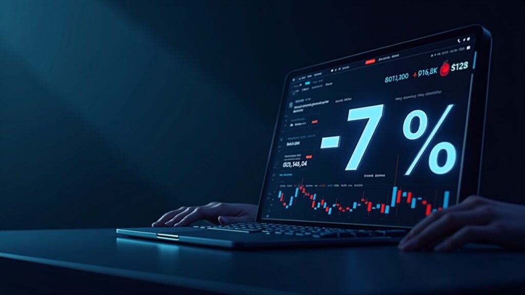Galaxy Digital cae un 7% tras anunciar 1.150 millones de dólares en bonos convertibles Mesa de trading moderna con un ticker digital que muestra -7% y un motivo de conversión bono-acciones, visual fintech sobre riesgo y liquidez.