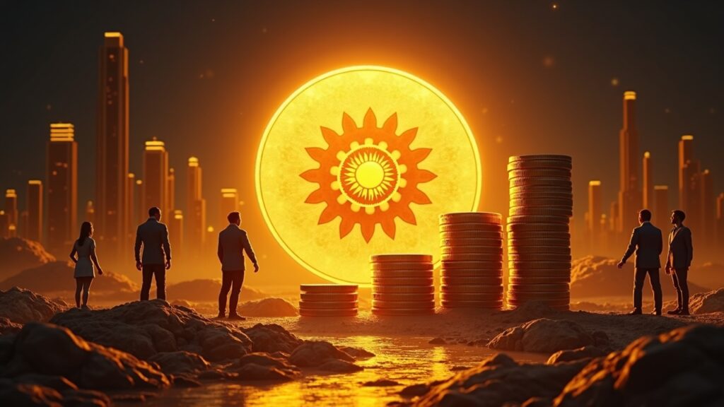 Helios en el centro, barras de ingresos en ascenso y figuras institucionales, cripto 'gold rush'.