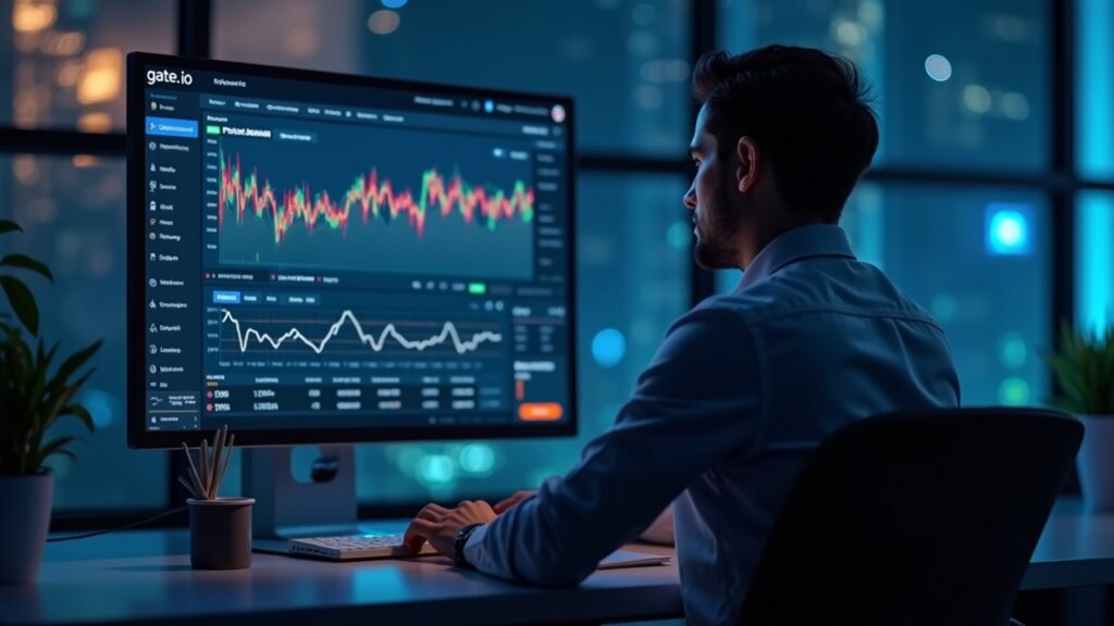 Trader fotorealista frente a escritorio moderno mirando un panel de Puntos de Futuros con GT y liquidez, Gate.io branding.