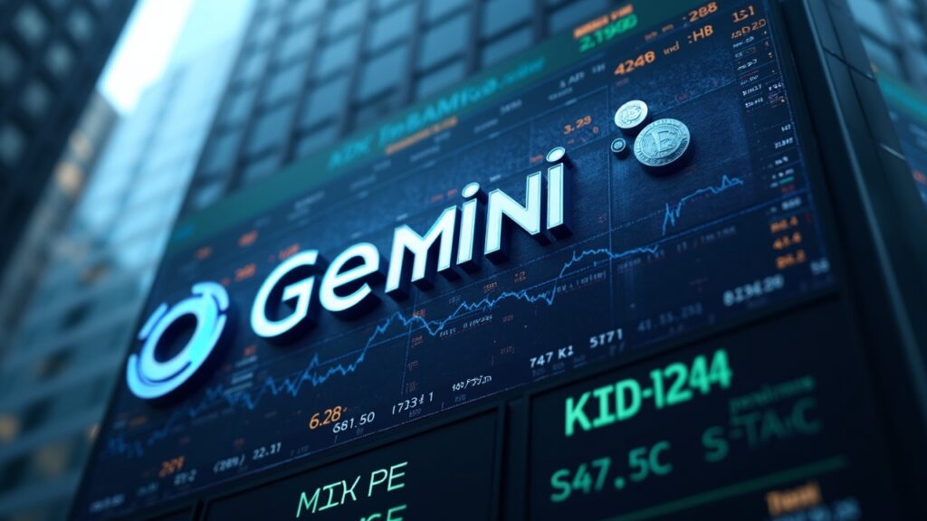 Gemini logo en un edificio financiero, Nasdaq al fondo y cripto símbolos orbitando; enfatiza interés y riesgo regulatorio.