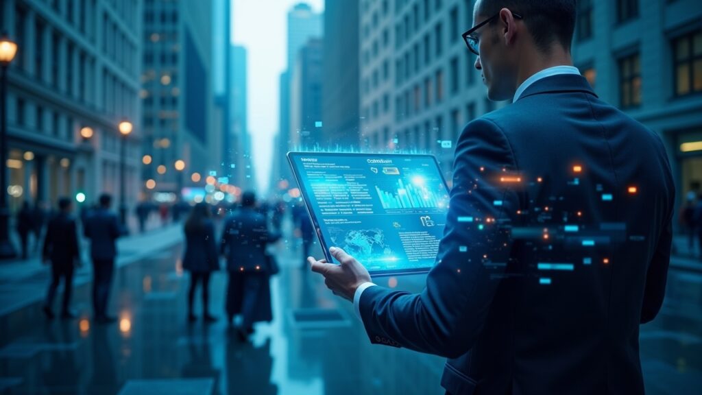Horizonte de Wall Street con una superposición translúcida de blockchain; inversor de traje evalúa paneles de staking.