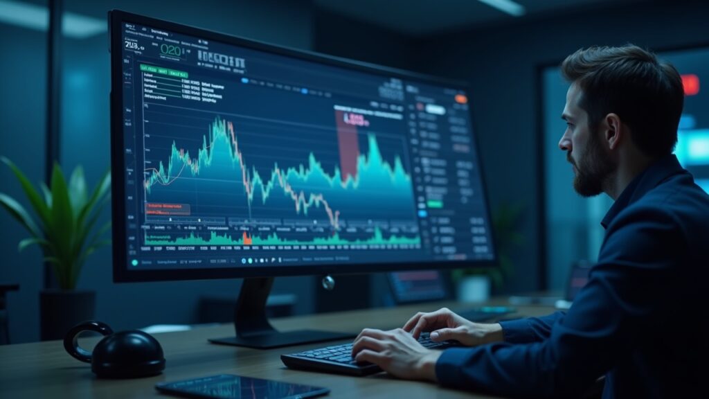 Trader in a newsroom analyzes a holographic Hedera price chart near $0.20 with fading inflows and a subtle death cross.