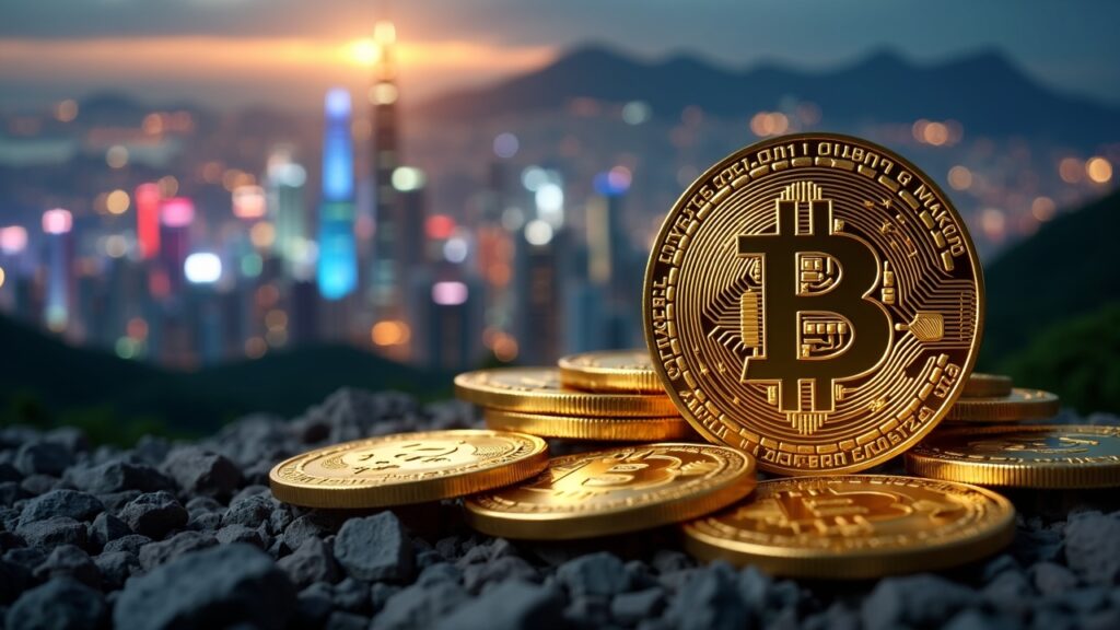 Photorealistic Hong Kong skyline behind a high-tech Bitcoin mining farm with a gold bar and Tether Gold logo.