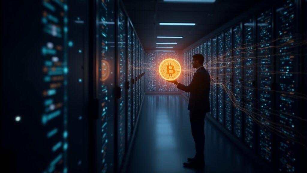 Centro de datos con servidores en funcionamiento, superposición de IA y brillo de Bitcoin, con silueta ejecutiva.